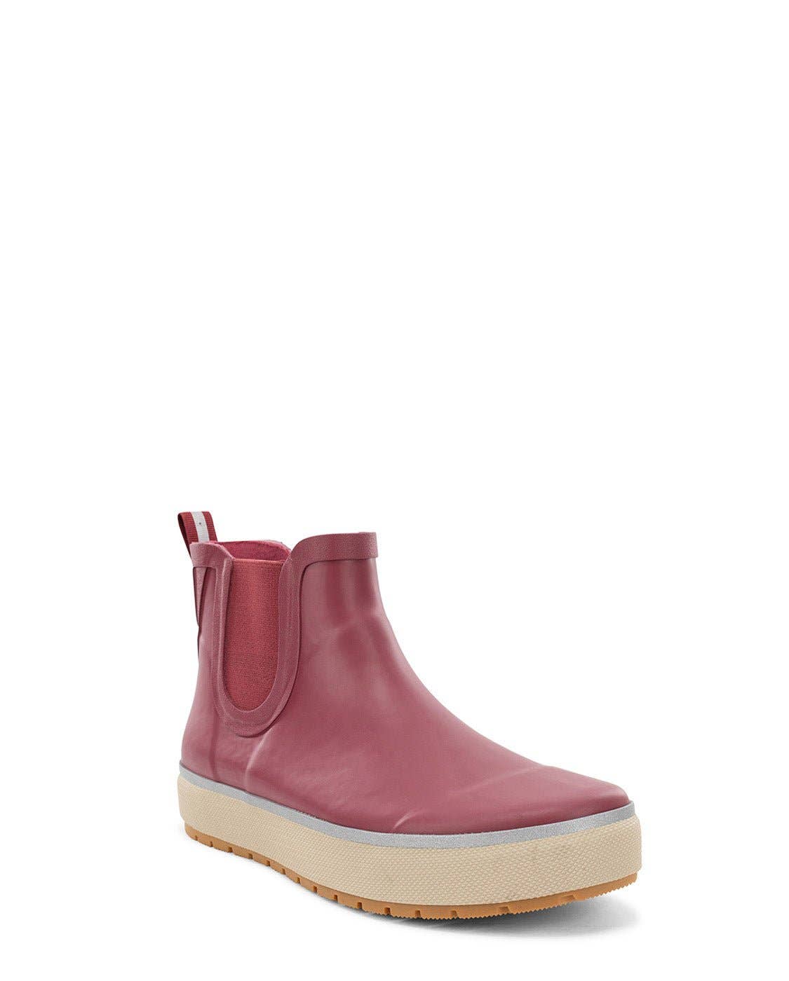 Pink rubber boot with a white sole on a white background