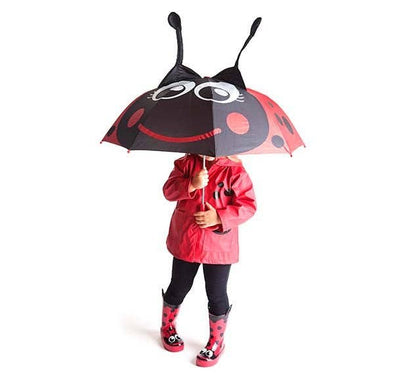 Child holding a ladybug-shaped umbrella with a red raincoat and matching boots on a white background