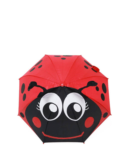 Red umbrella with a ladybug design on a white background