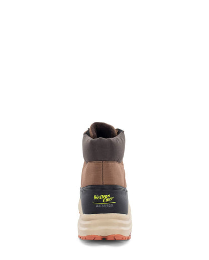 Brown and gray boot with visible brand logo on a white background