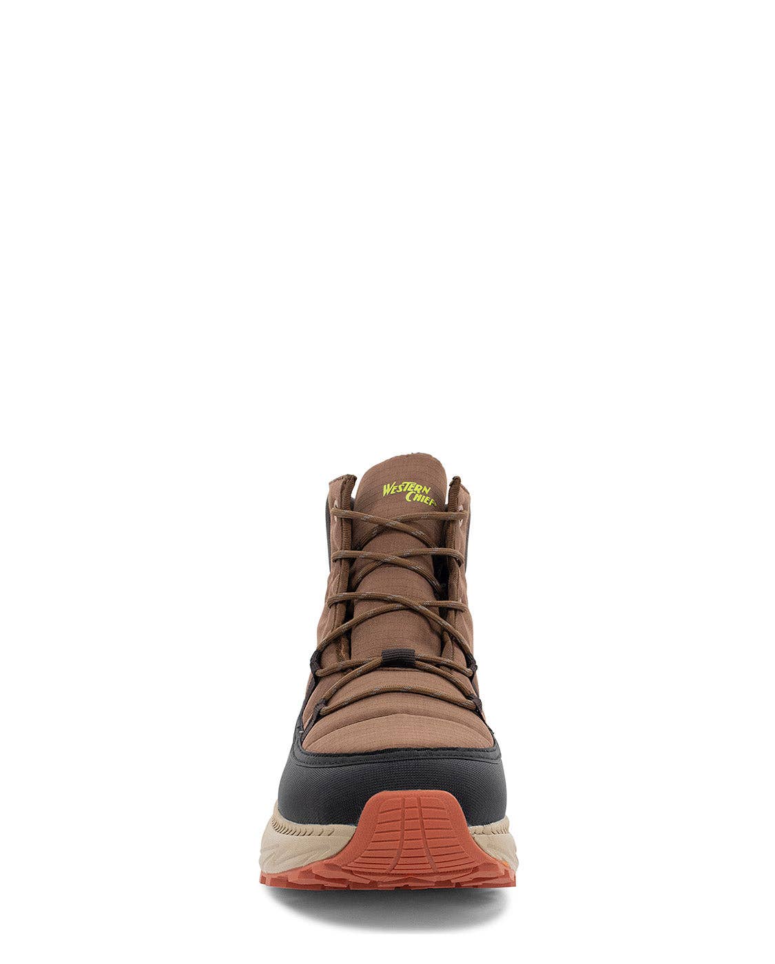 Brown and black boot with a red sole on a white background
