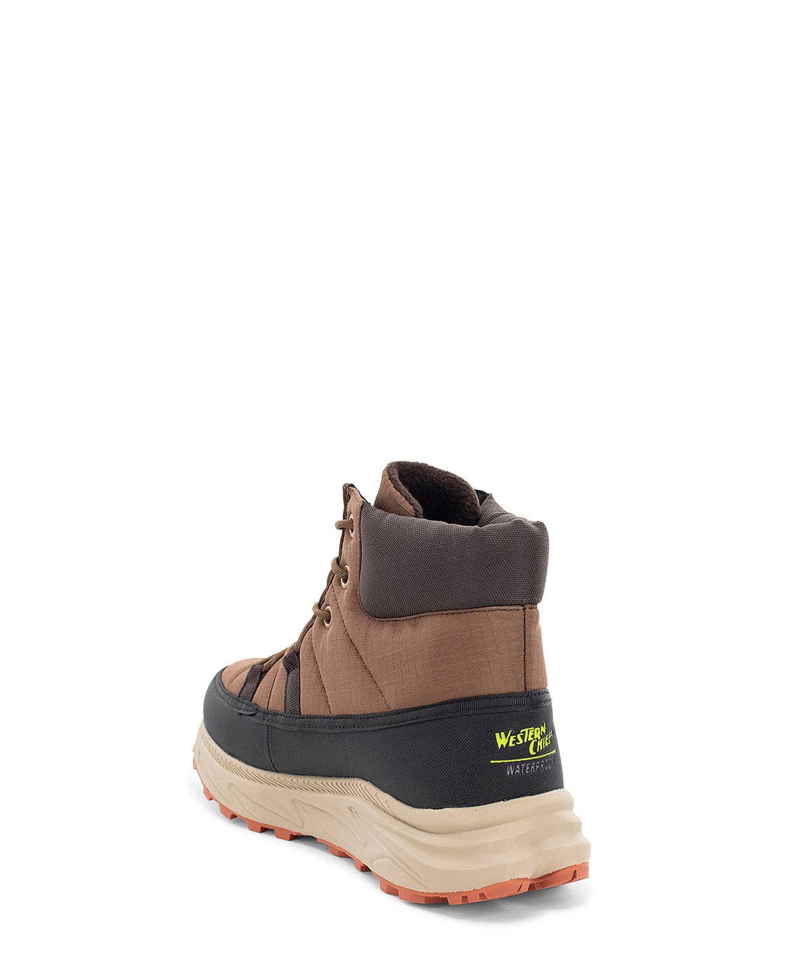 Brown and black boot with visible brand logo on a white background