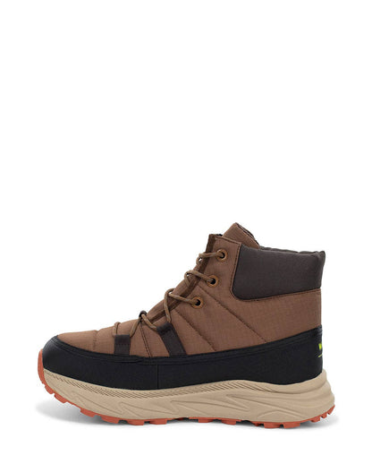 Brown and black hiking boot on a white background