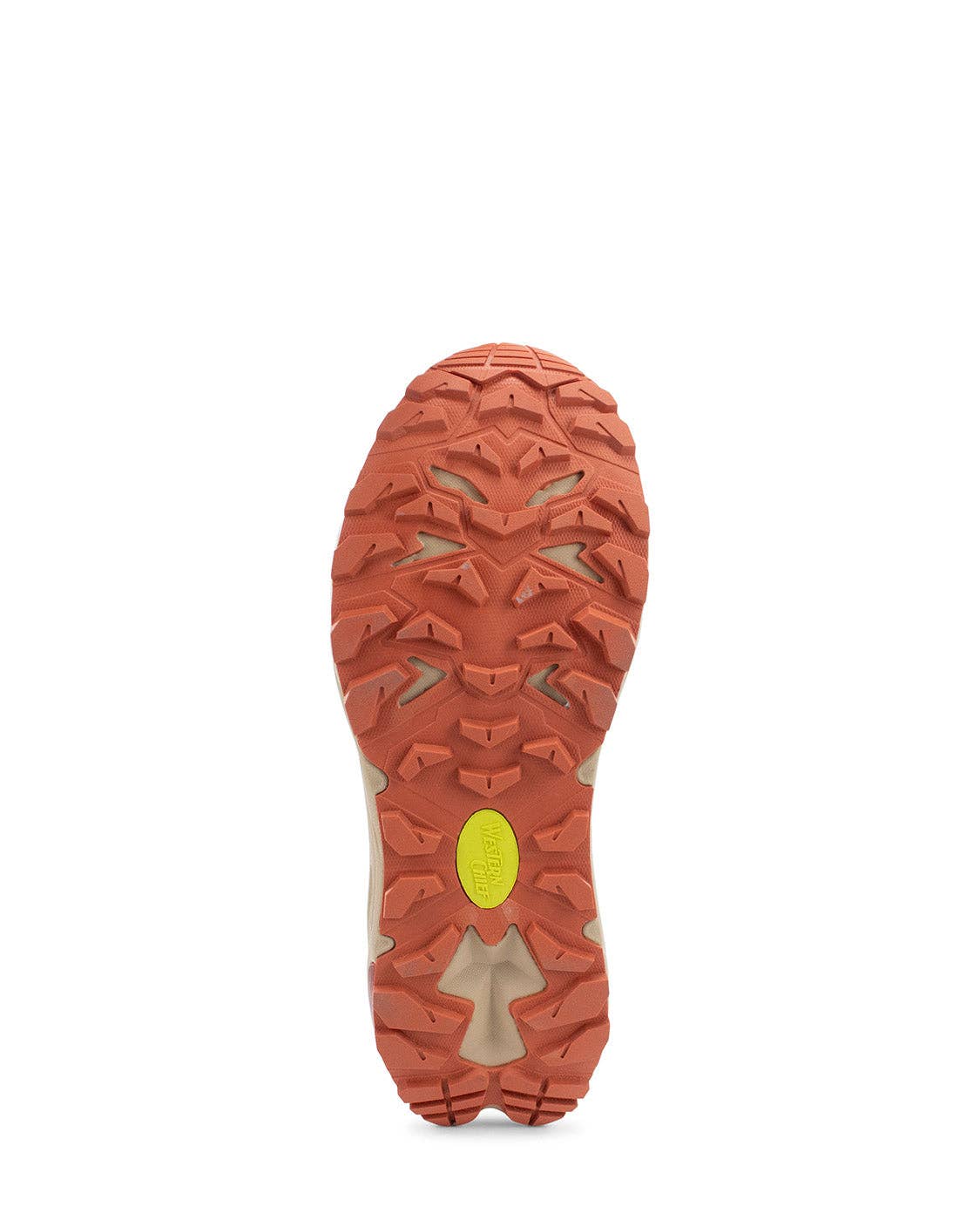 Close-up of a red shoe sole with a yellow label on a white background