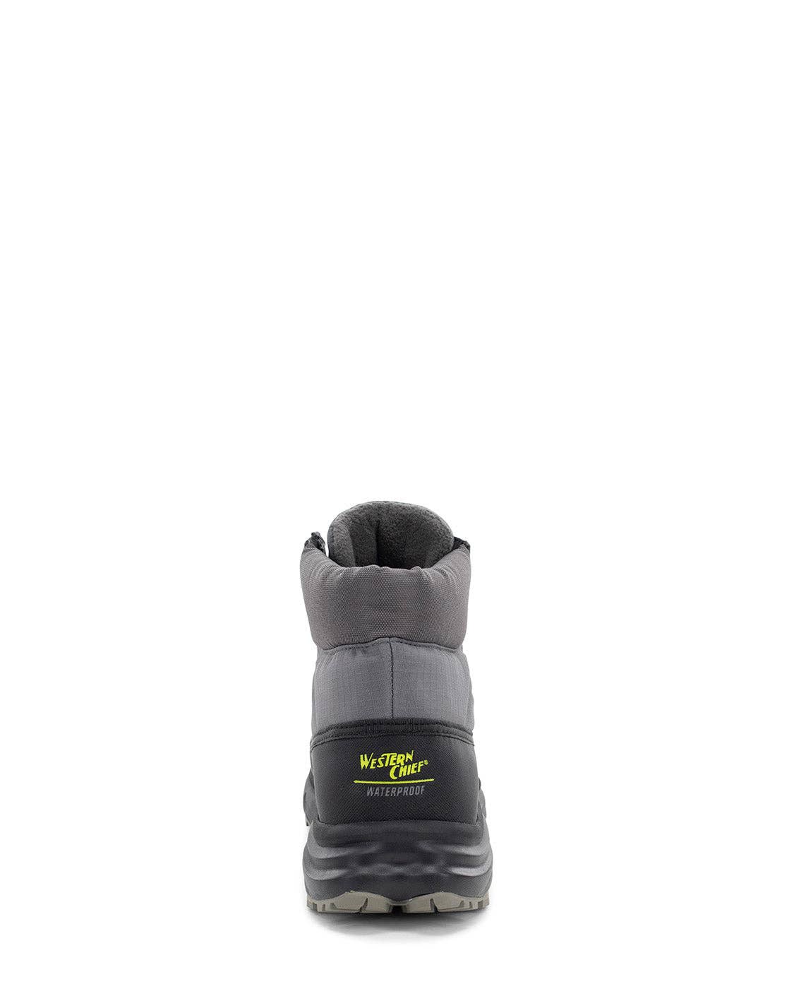 Gray winter boot with a visible brand logo on a white background