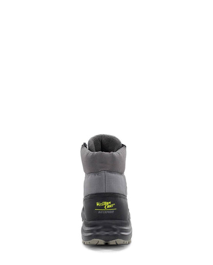 Gray winter boot with a visible brand logo on a white background