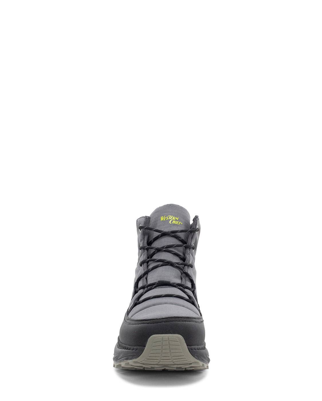 Gray winter boot with brand logo on a white background