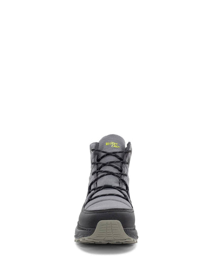 Gray winter boot with brand logo on a white background