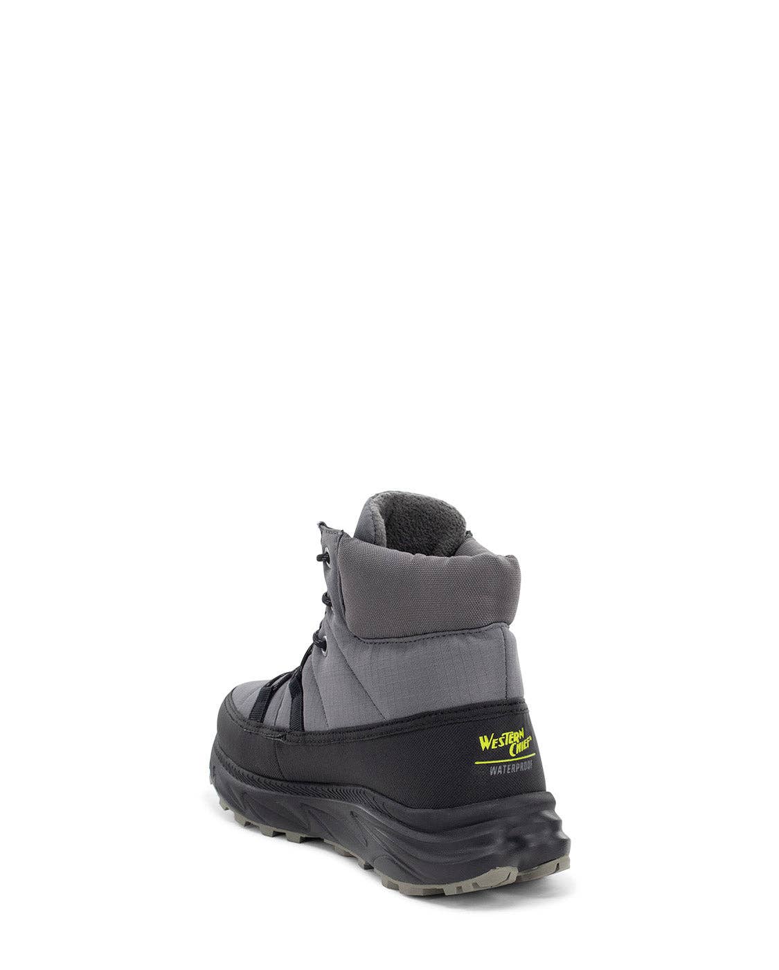 Gray and black winter boot with a visible brand logo on a white background