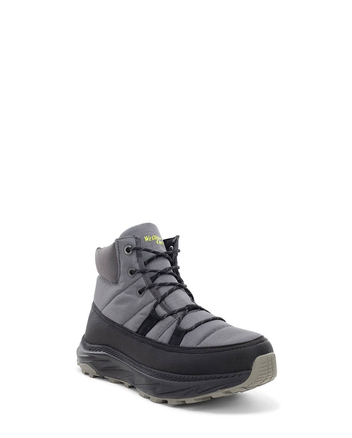 Gray winter boot with black sole on a white background