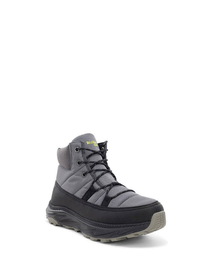 Gray winter boot with black sole on a white background