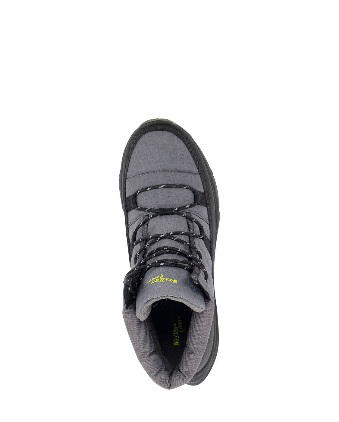 Gray boot with black laces on a white background
