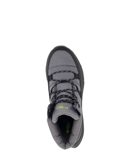 Gray boot with black laces on a white background