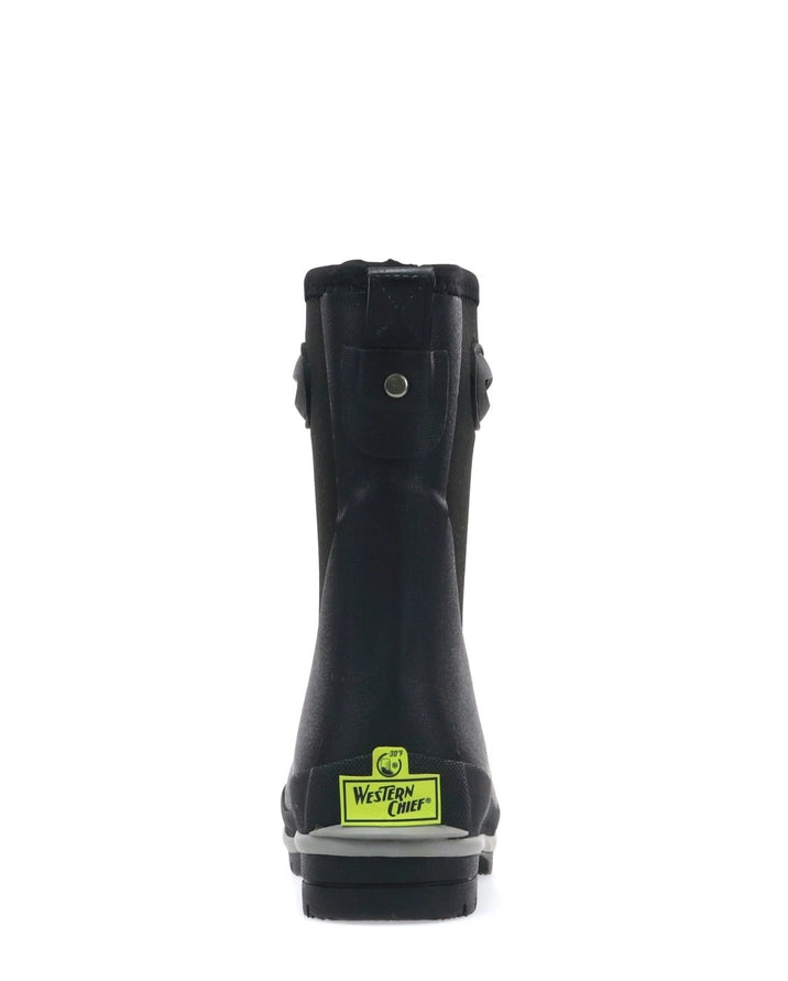Black rain boot with a visible brand logo on a white background