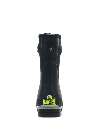 Black rain boot with a visible brand logo on a white background