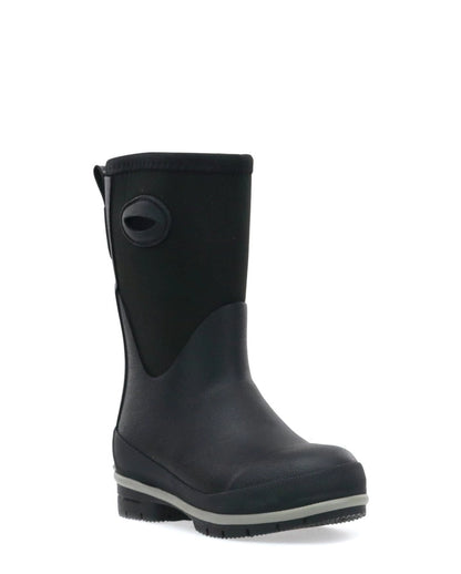 Black rubber boot with a white sole on a white background