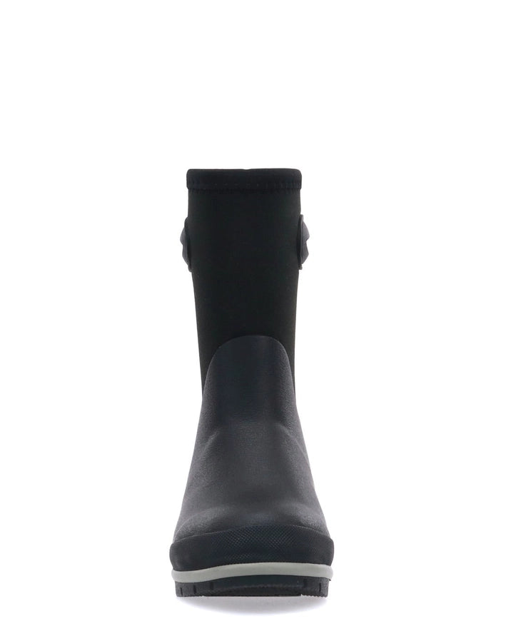 Black rubber boot with a white sole on a white background