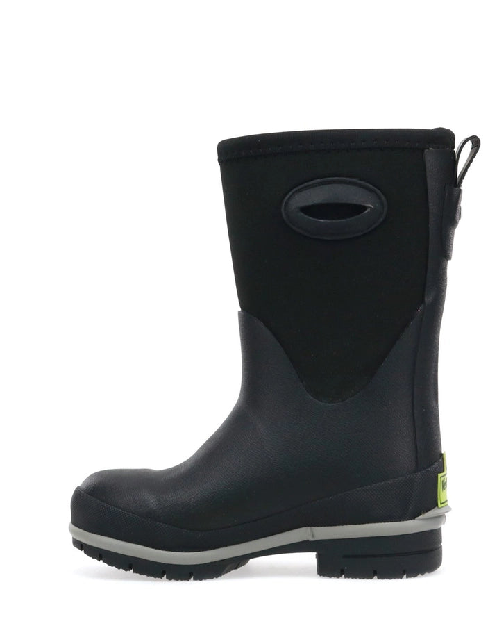 Black rubber boot with a white background