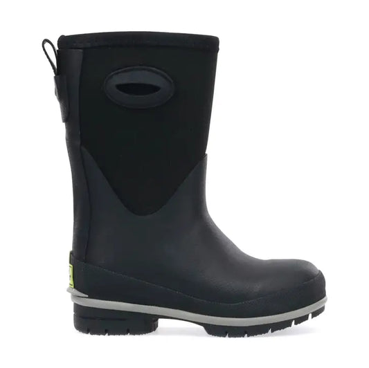 Black rubber boot with a white sole on a white background