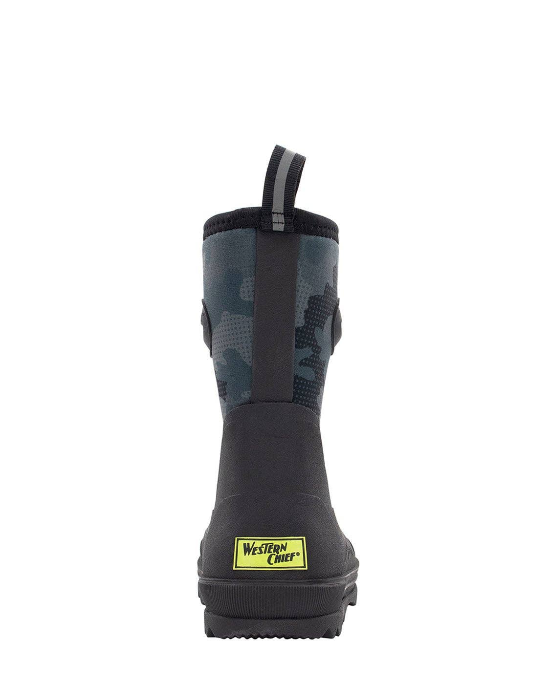 Black rain boot with a visible brand logo on a white background