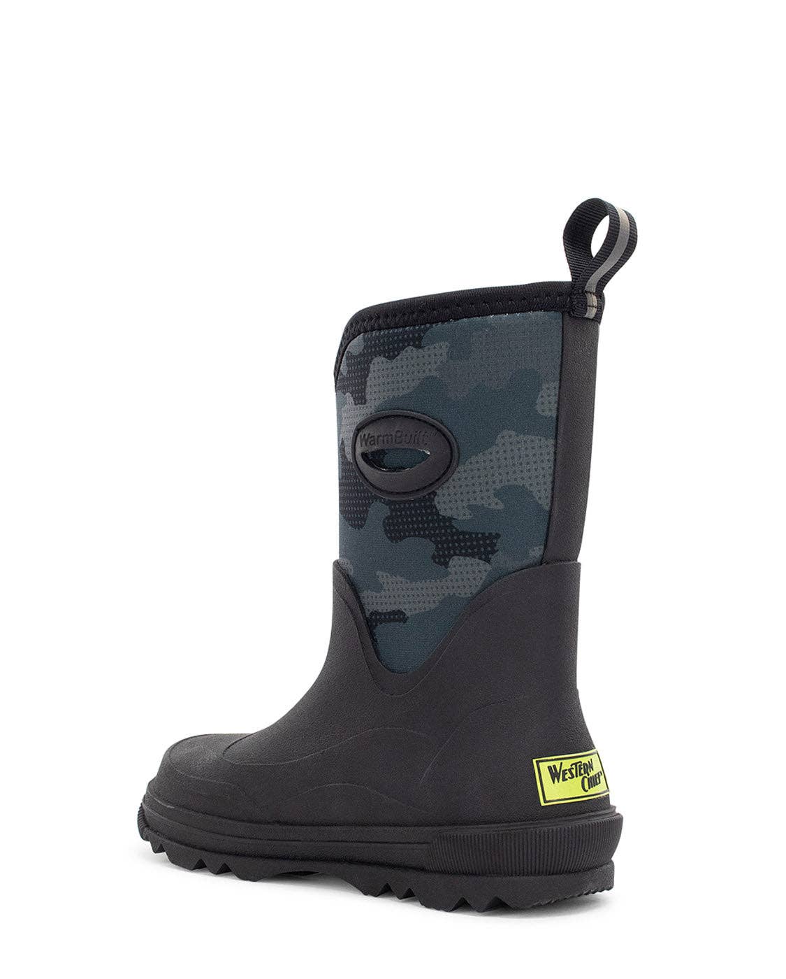 Black and gray camouflage boot with a visible brand logo on a white background