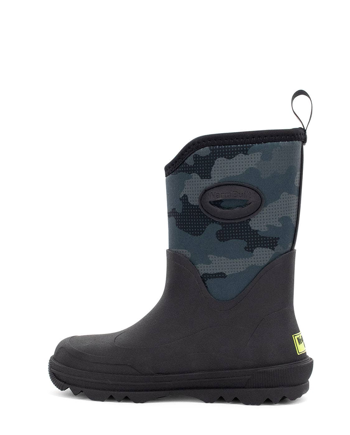 Black rain boot with camouflage pattern on a white background