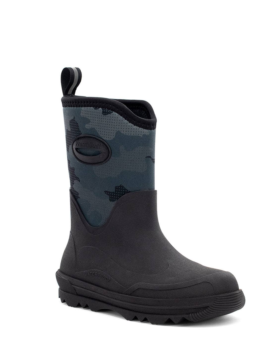 Black and gray camouflage boot on a white background
