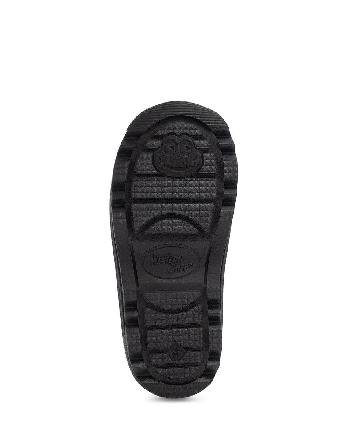 Black rubber sole with a brand logo on a white background