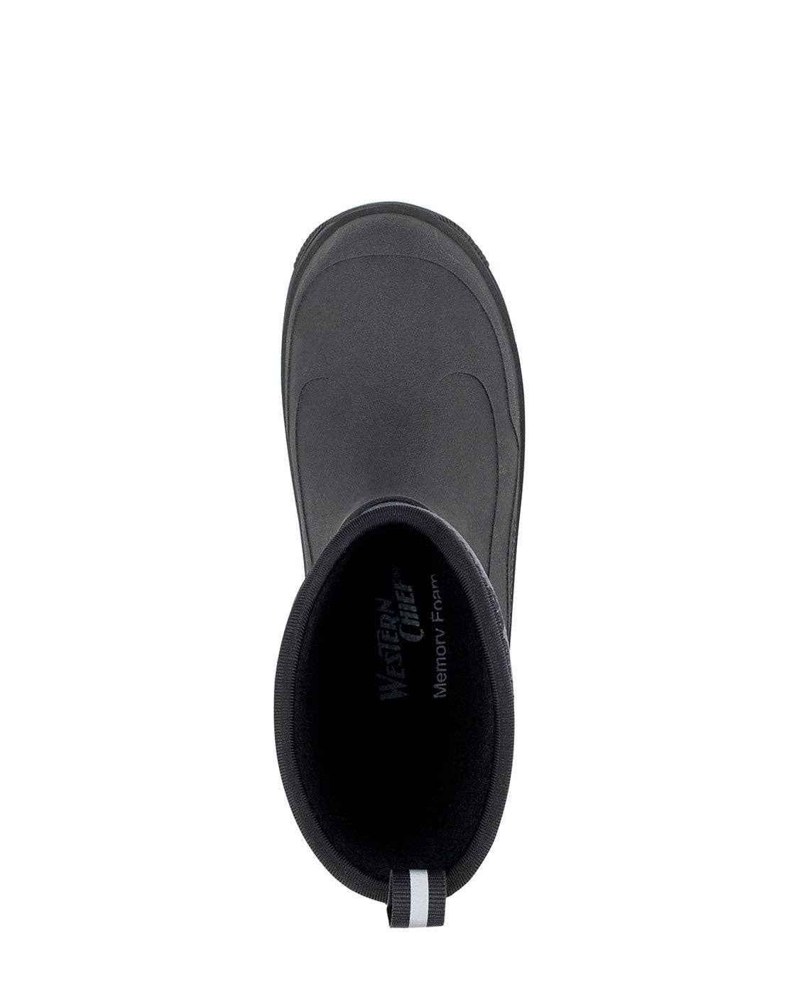 Black rubber boot with brand logo on a white background