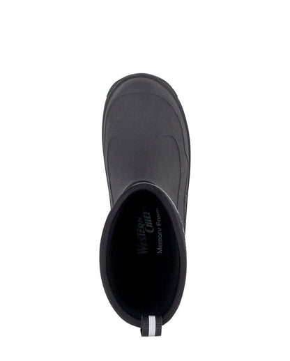 Black rubber boot with brand logo on a white background