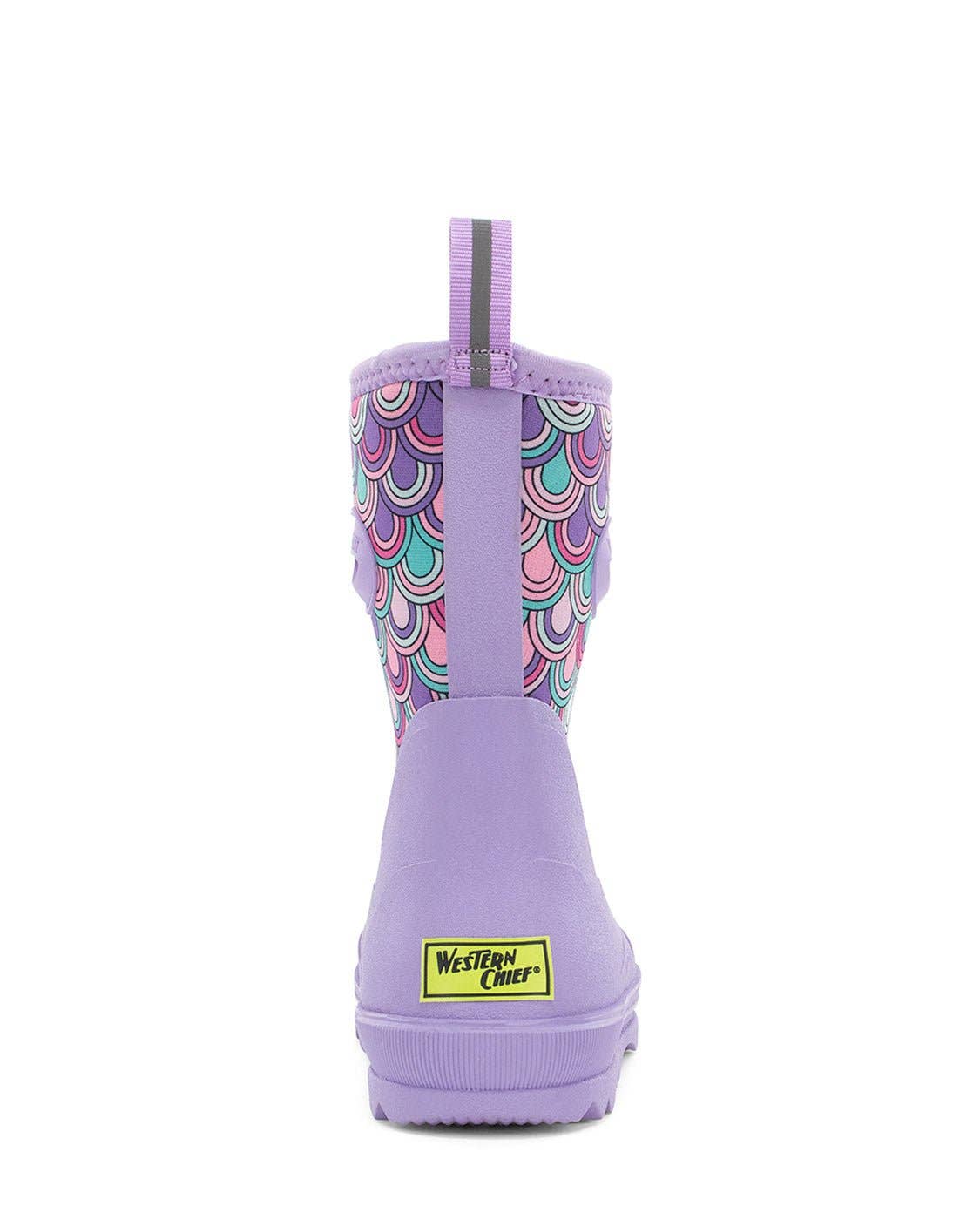 Purple rain boot with colorful pattern on a white background