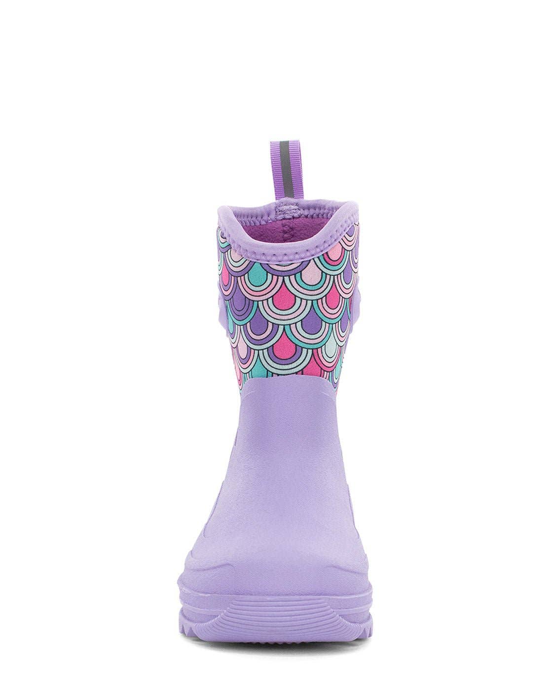 Purple rain boot with colorful pattern on a white background