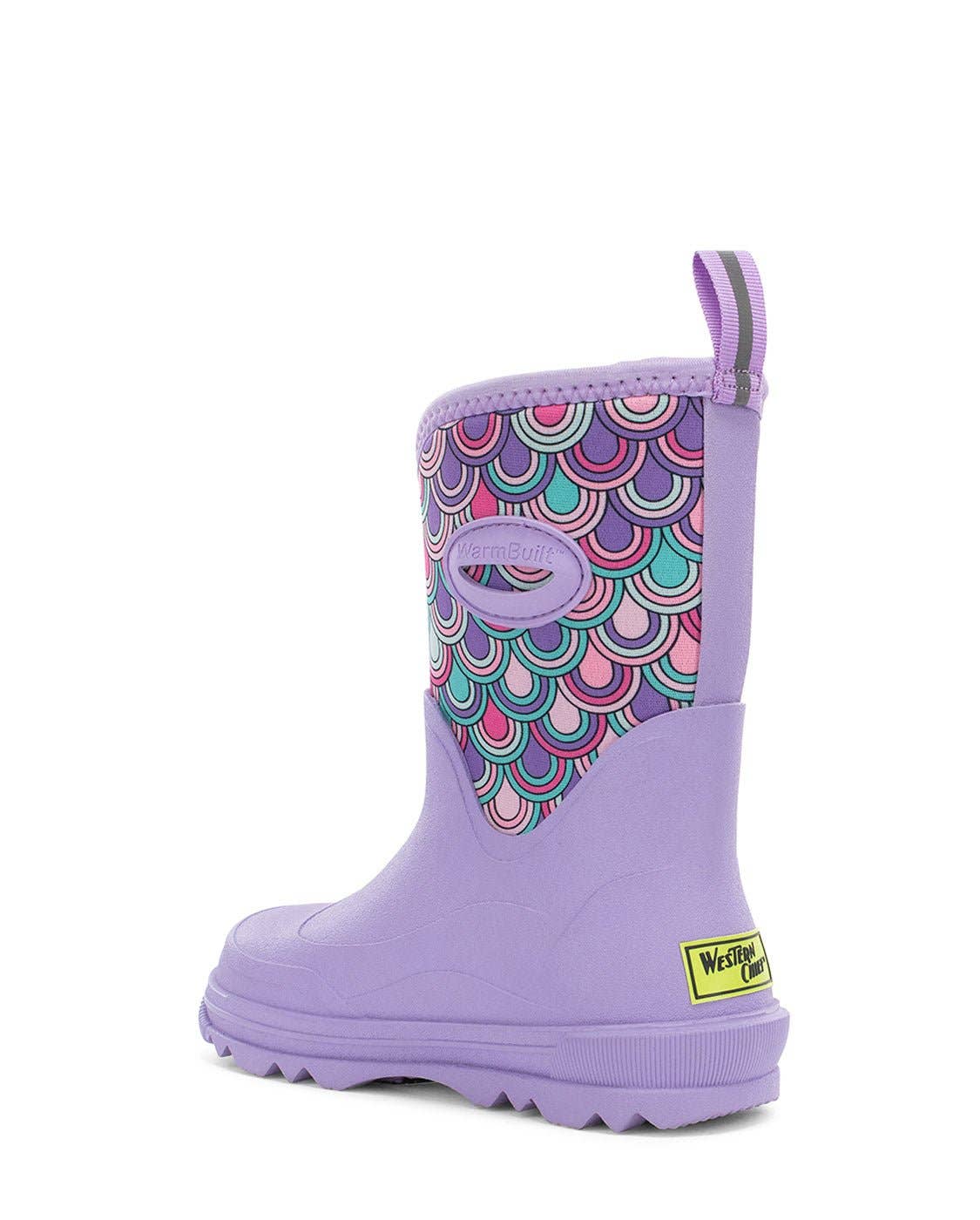 Purple children's rain boot with colorful pattern on a white background