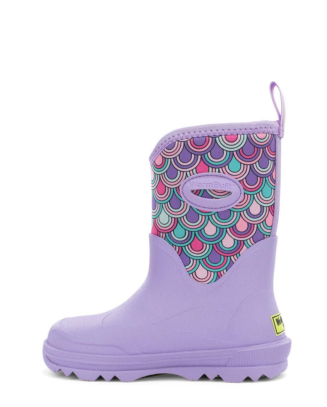 Purple rain boot with colorful pattern on a white background