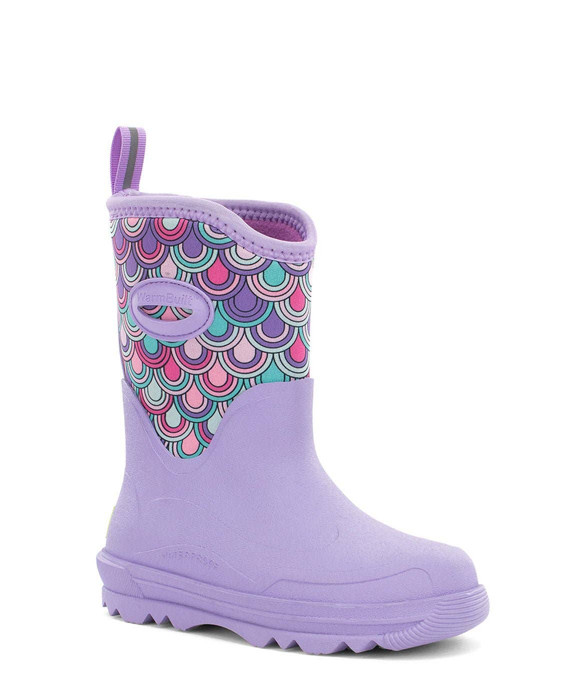 Purple rain boot with colorful scalloped pattern on a white background