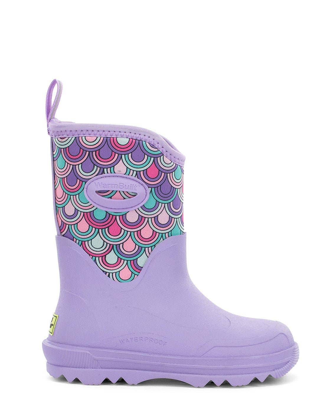 Purple rain boot with colorful scalloped pattern on a white background