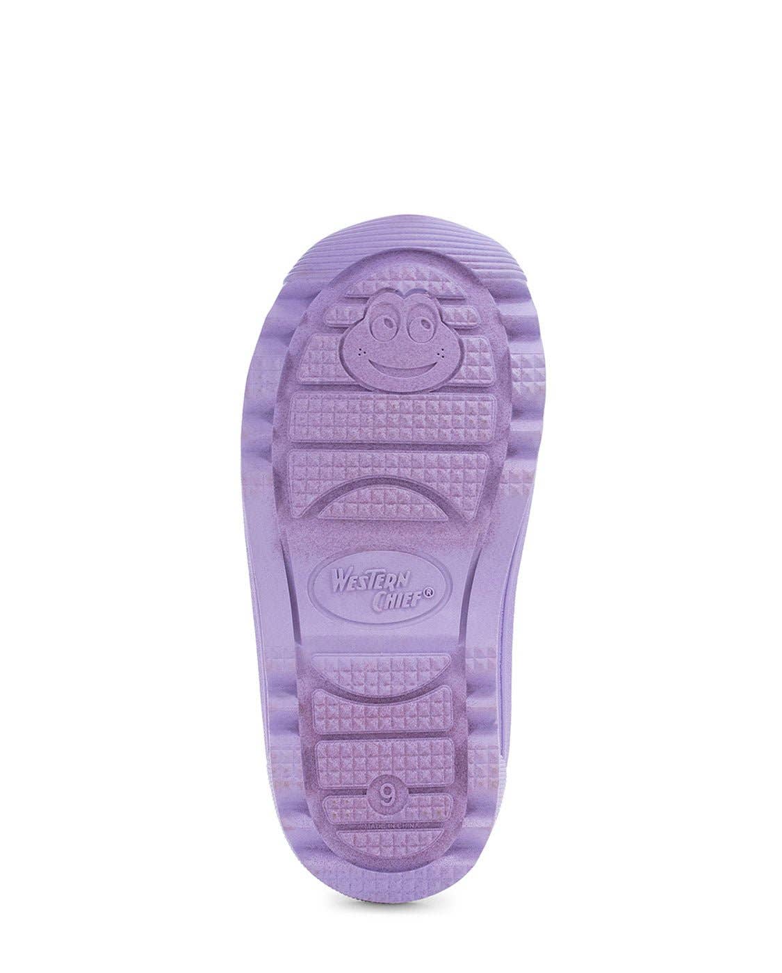 Purple sole of a shoe with a visible brand logo on a white background