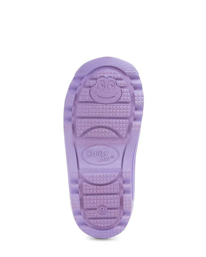 Purple sole of a shoe with a visible brand logo on a white background