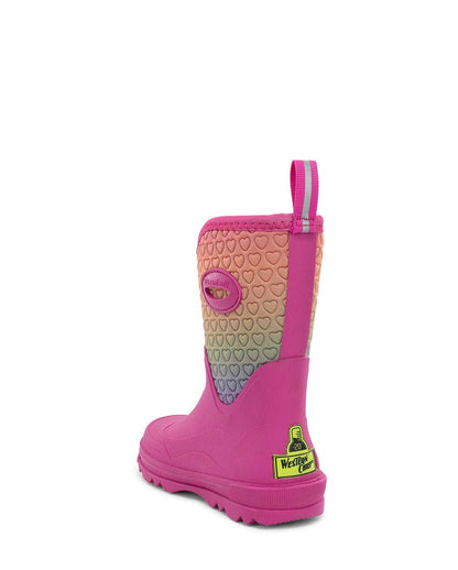 Pink rain boot with heart pattern on a white background