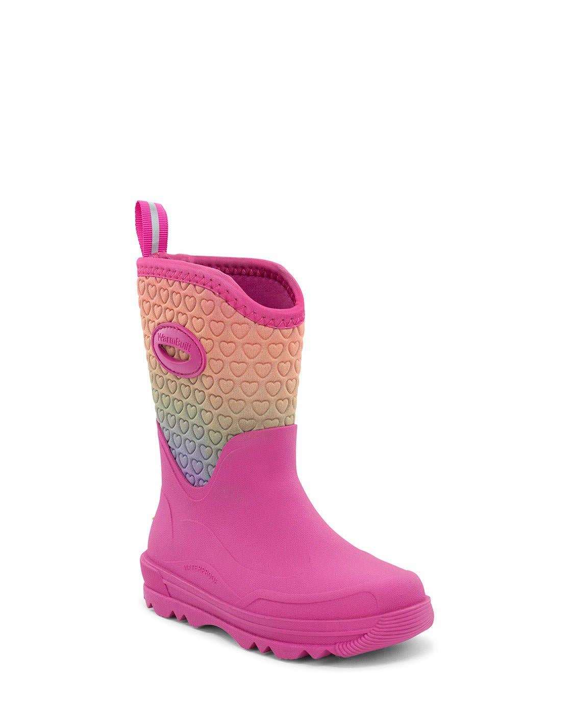 Pink and purple rain boot with heart pattern on a white background