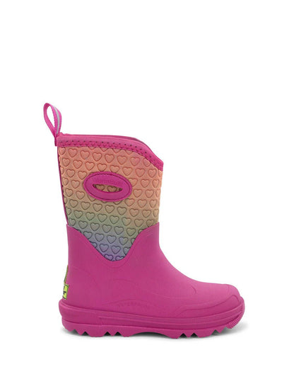Pink rain boot with heart pattern on a white background