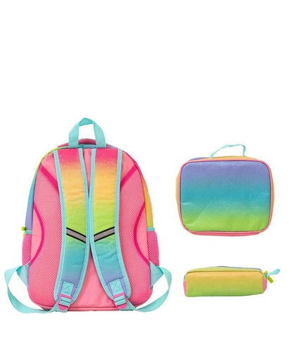 Colorful backpack, lunch bag, and pencil case set on a white background