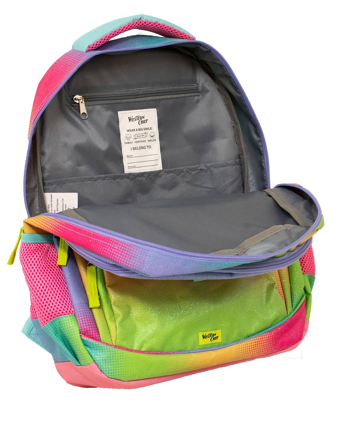Colorful backpack with multiple compartments on a white background
