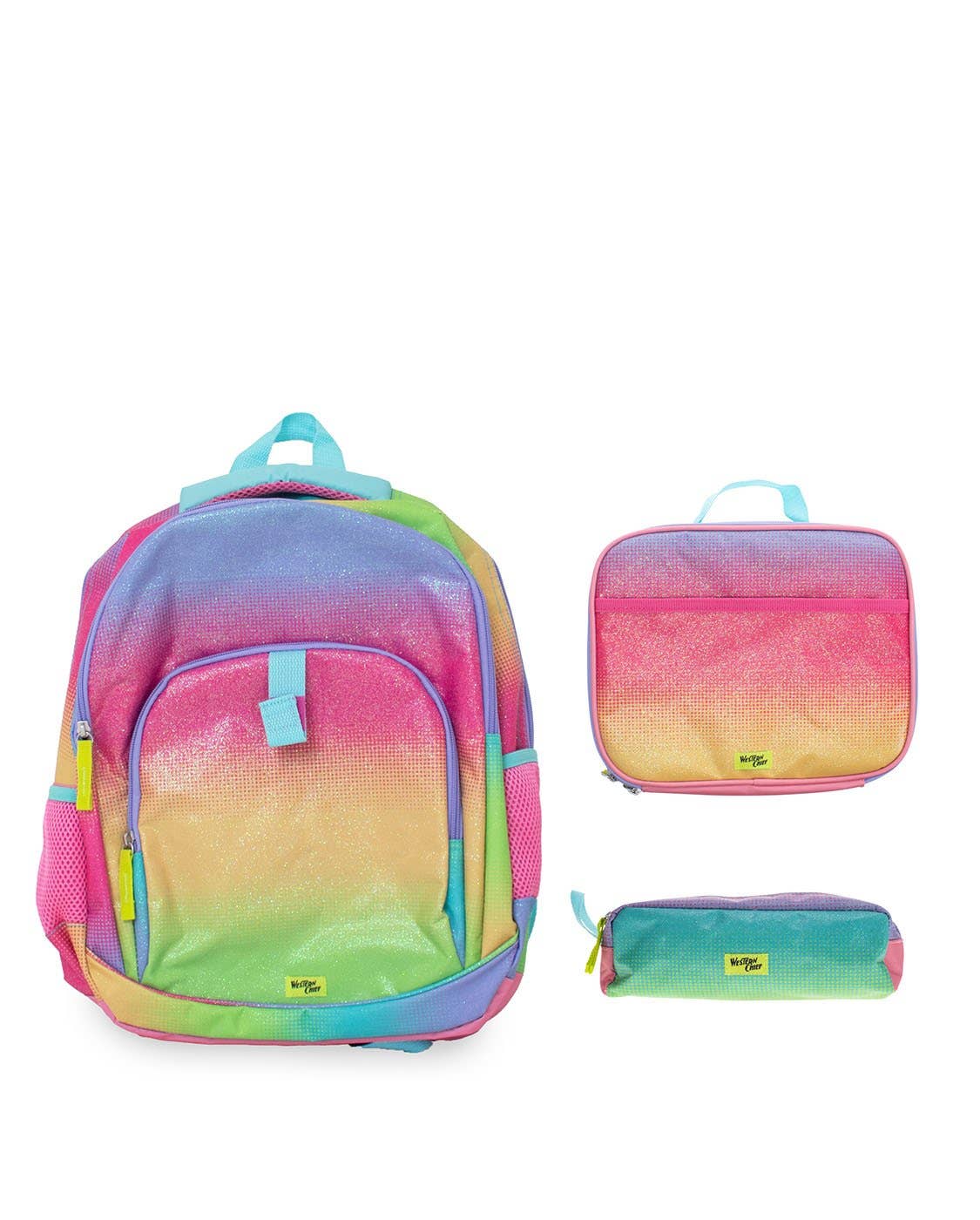 Colorful gradient backpack with matching lunch bag and pencil case on a white background