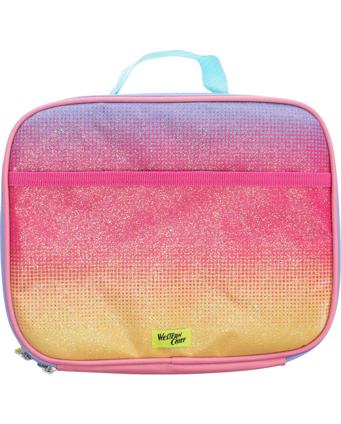 Gradient pink to yellow lunch bag with blue handle on a white background