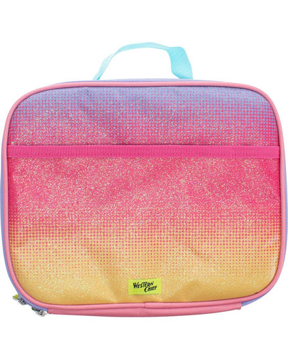 Gradient pink to yellow lunch bag with blue handle on a white background