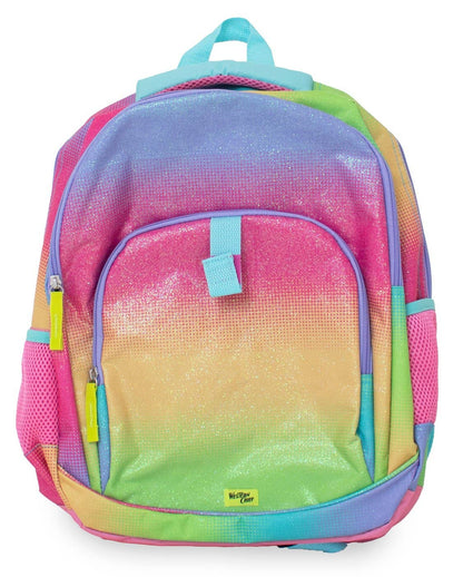 Colorful gradient backpack with a visible brand logo on a white background