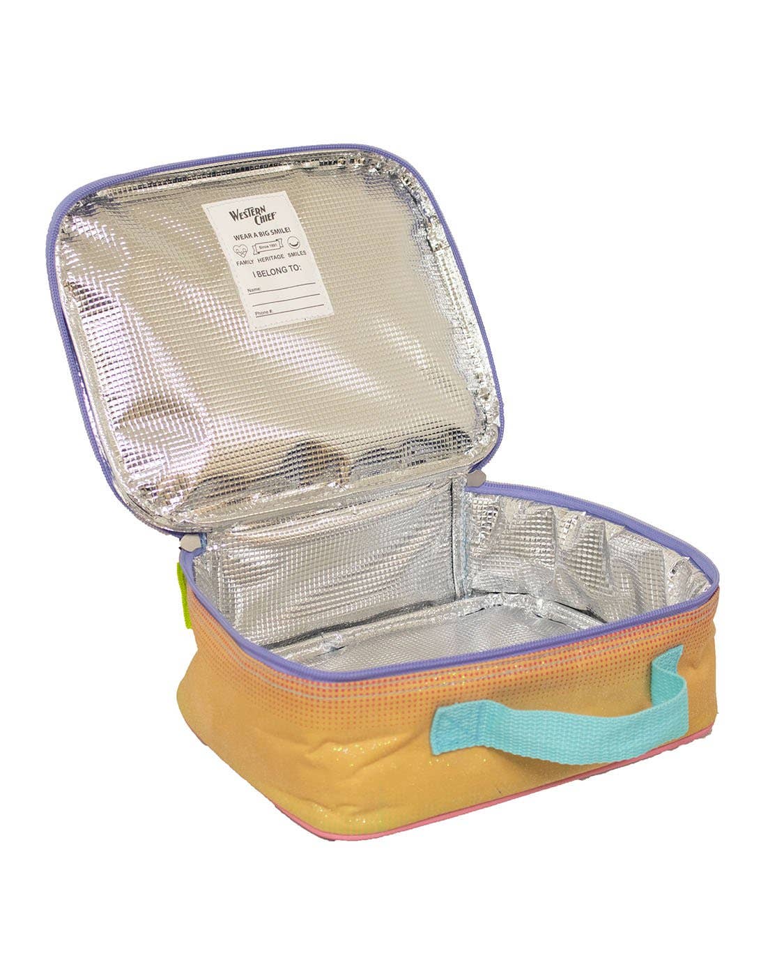 Insulated lunch bag with a colorful exterior and silver interior on a white background