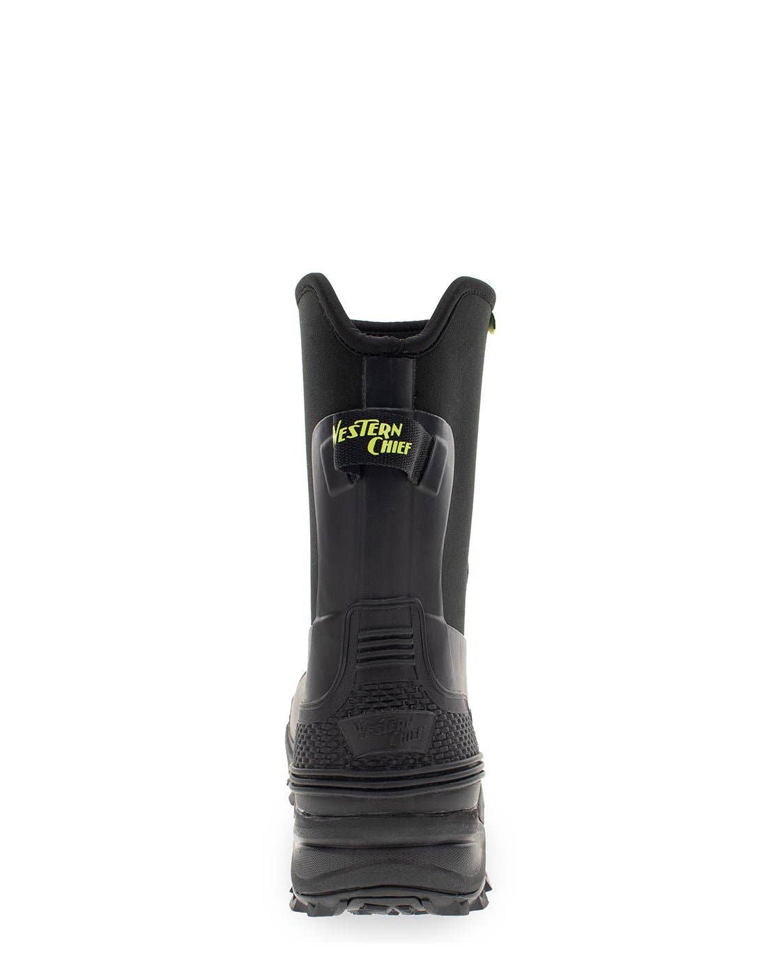 Black rubber boot with a visible brand logo on a white background