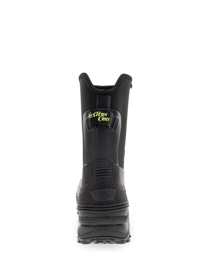 Black rubber boot with a visible brand logo on a white background